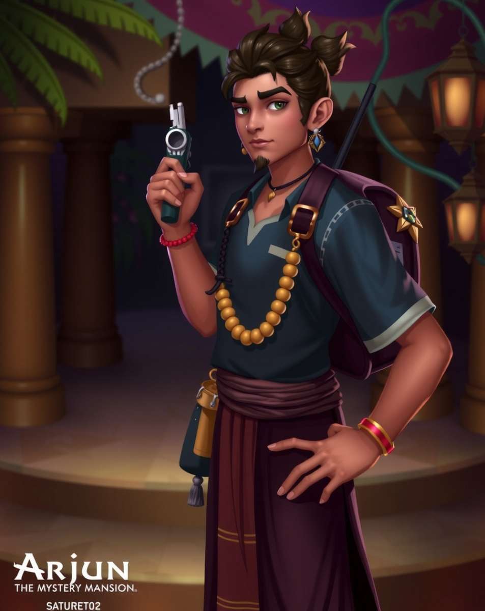 Arjun - Coimbatore Mystery Mansion Protagonist Arjun, the protagonist of Coimbatore Mystery Mansion, wearing traditional South Indian attire with a backpack